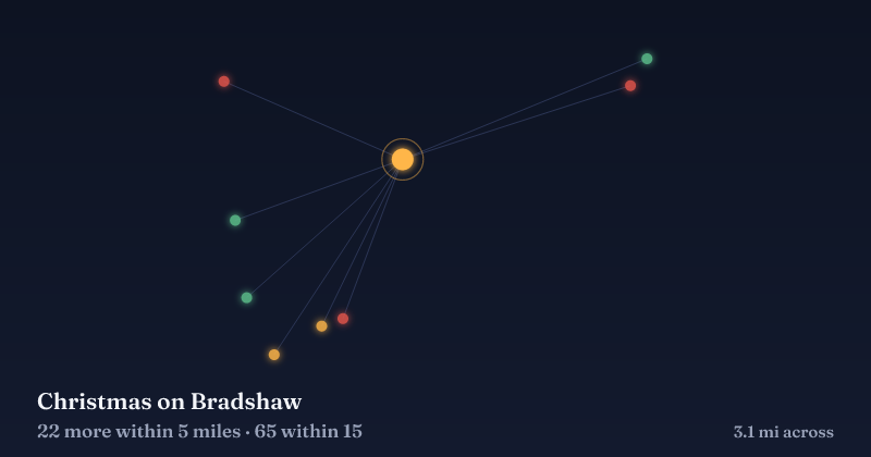 Map of Christmas on Bradshaw and the 65 other Christmas light displays within 15 miles