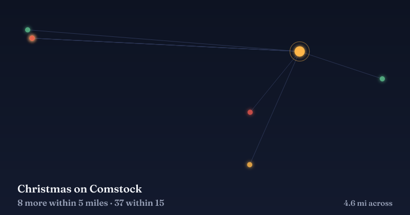 Map of Christmas on Comstock and the 37 other Christmas light displays within 15 miles