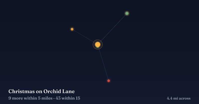 Map of Christmas on Orchid Lane and the 43 other Christmas light displays within 15 miles