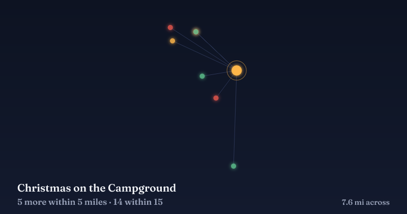 Map of Christmas on the Campground and the 14 other Christmas light displays within 15 miles