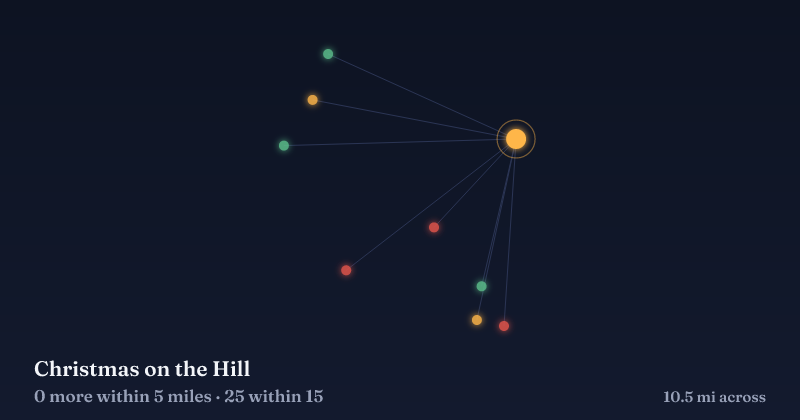 Map of Christmas on the Hill and the 25 other Christmas light displays within 15 miles