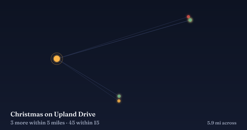 Map of Christmas on Upland Drive and the 45 other Christmas light displays within 15 miles