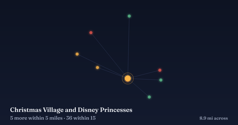 Map of Christmas Village and Disney Princesses and the 36 other Christmas light displays within 15 miles