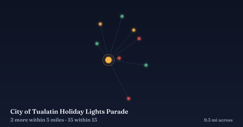 Map of City of Tualatin Holiday Lights Parade and the 15 other Christmas light displays within 15 miles