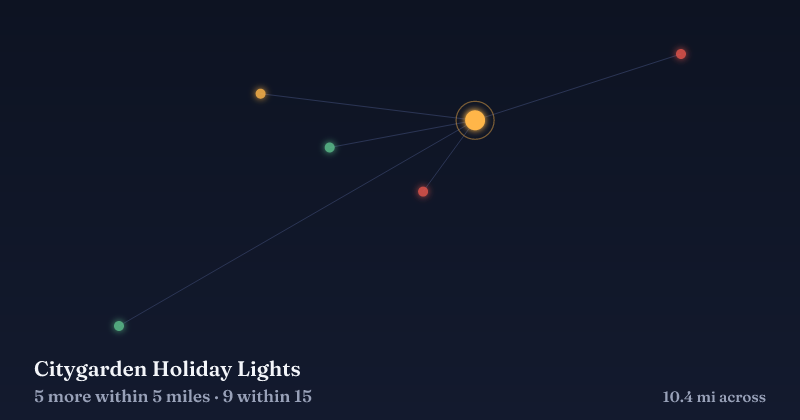 Map of Citygarden Holiday Lights and the 9 other Christmas light displays within 15 miles