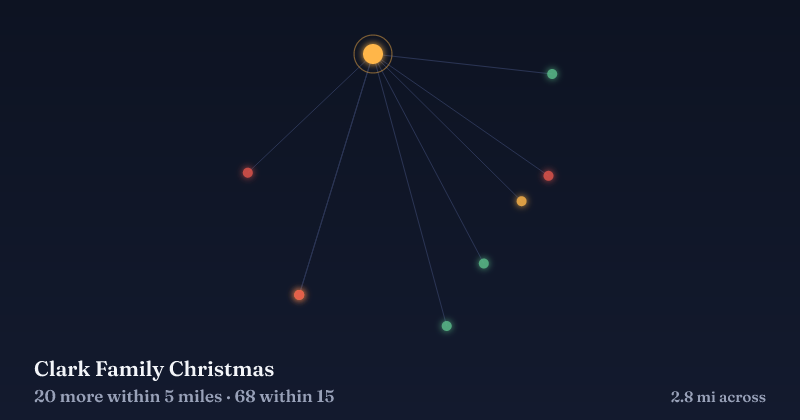 Map of Clark Family Christmas and the 68 other Christmas light displays within 15 miles