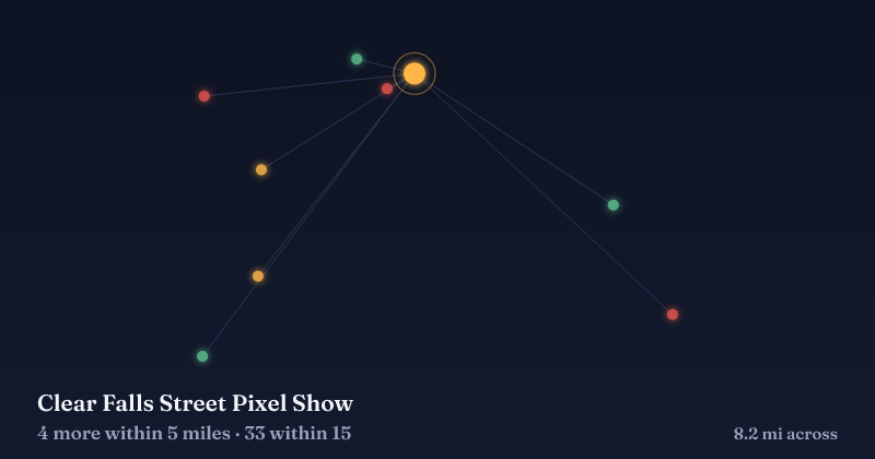 Map of Clear Falls Street Pixel Show and the 33 other Christmas light displays within 15 miles