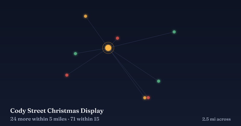 Map of Cody Street Christmas Display and the 71 other Christmas light displays within 15 miles