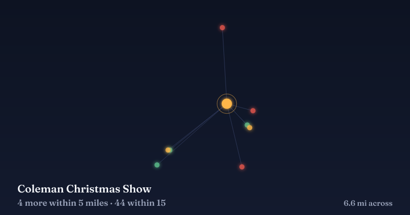 Map of Coleman Christmas Show and the 44 other Christmas light displays within 15 miles