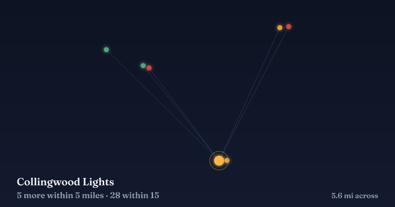 Map of Collingwood Lights and the 28 other Christmas light displays within 15 miles