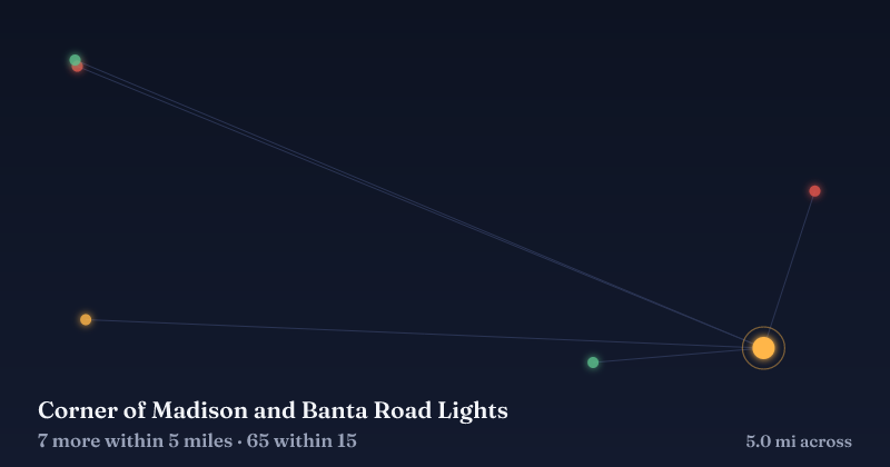 Map of Corner of Madison and Banta Road Lights and the 65 other Christmas light displays within 15 miles