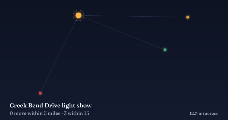 Map of Creek Bend Drive light show and the 3 other Christmas light displays within 15 miles
