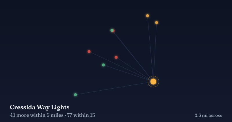 Map of Cressida Way Lights and the 77 other Christmas light displays within 15 miles