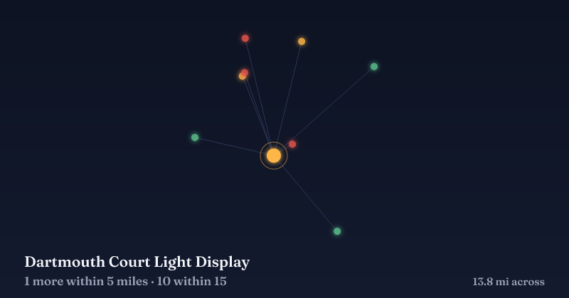 Map of Dartmouth Court Light Display and the 10 other Christmas light displays within 15 miles