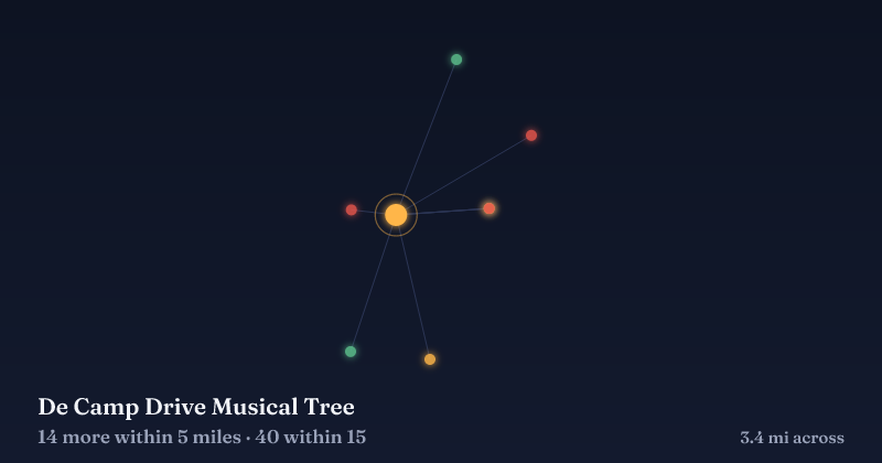 Map of De Camp Drive Musical Tree and the 40 other Christmas light displays within 15 miles
