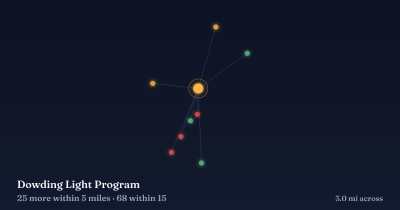 Map of Dowding Light Program and the 68 other Christmas light displays within 15 miles