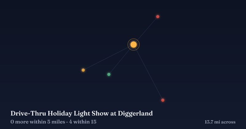 Map of Drive-Thru Holiday Light Show at Diggerland and the 4 other Christmas light displays within 15 miles