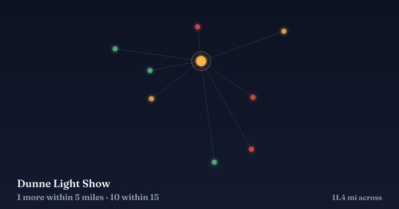 Map of Dunne Light Show and the 10 other Christmas light displays within 15 miles