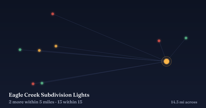Map of Eagle Creek Subdivision Lights and the 13 other Christmas light displays within 15 miles