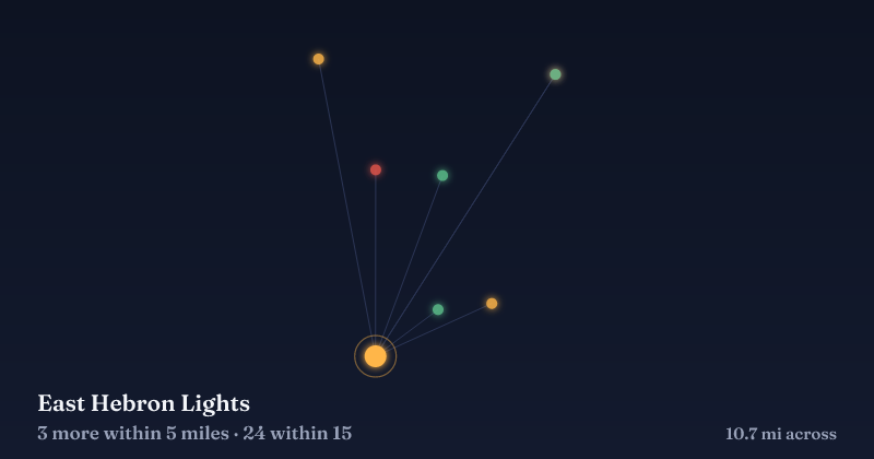 Map of East Hebron Lights and the 24 other Christmas light displays within 15 miles