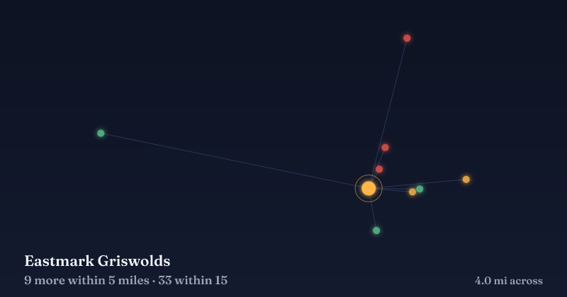 Map of Eastmark Griswolds and the 33 other Christmas light displays within 15 miles