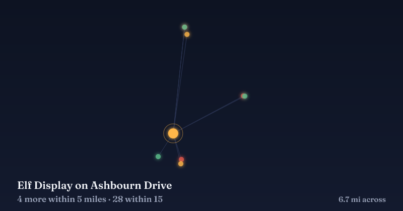 Map of Elf Display on Ashbourn Drive and the 28 other Christmas light displays within 15 miles