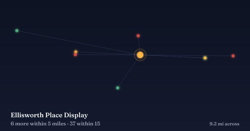 Map of Ellisworth Place Display and the 37 other Christmas light displays within 15 miles