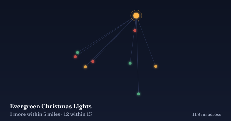 Map of Evergreen Christmas Lights and the 12 other Christmas light displays within 15 miles