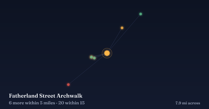 Map of Fatherland Street Archwalk and the 20 other Christmas light displays within 15 miles