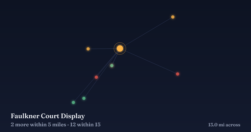 Map of Faulkner Court Display and the 12 other Christmas light displays within 15 miles