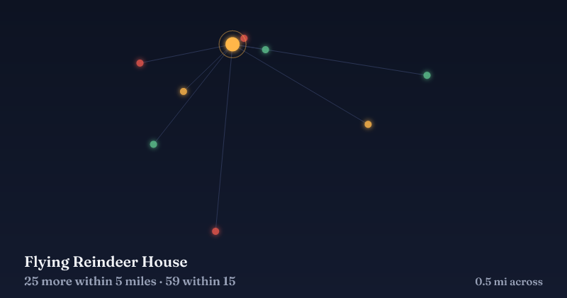Map of Flying Reindeer House and the 59 other Christmas light displays within 15 miles