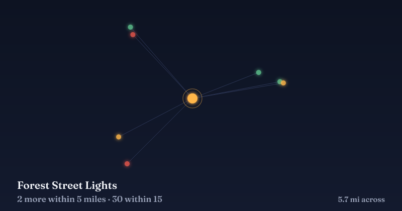 Map of Forest Street Lights and the 30 other Christmas light displays within 15 miles