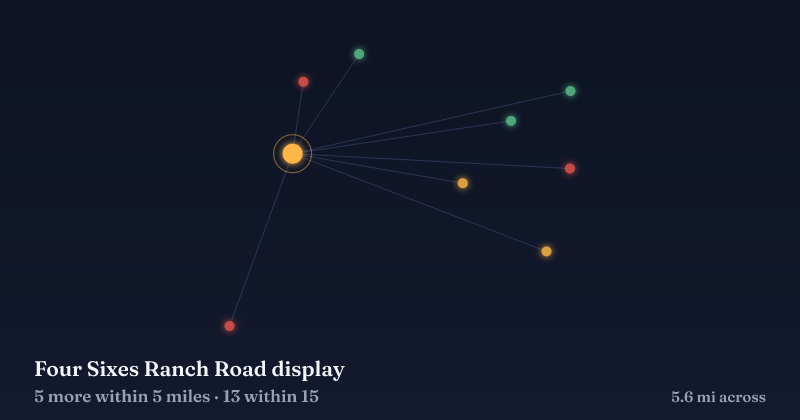 Map of Four Sixes Ranch Road display and the 13 other Christmas light displays within 15 miles