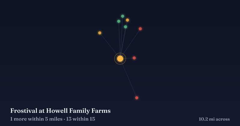Map of Frostival at Howell Family Farms and the 13 other Christmas light displays within 15 miles
