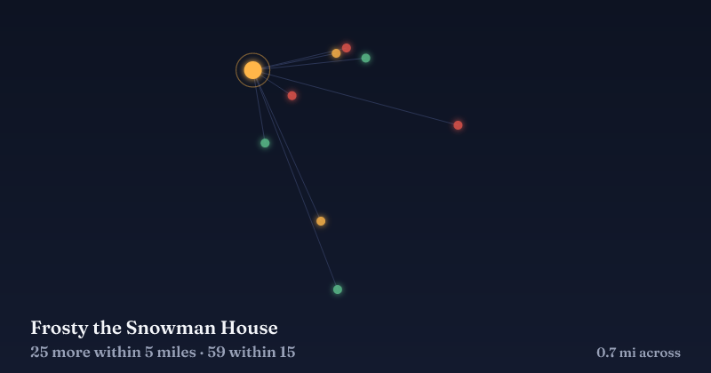 Map of Frosty the Snowman House and the 59 other Christmas light displays within 15 miles