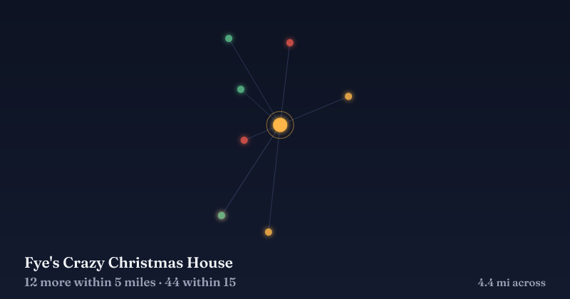 Map of Fye's Crazy Christmas House and the 44 other Christmas light displays within 15 miles