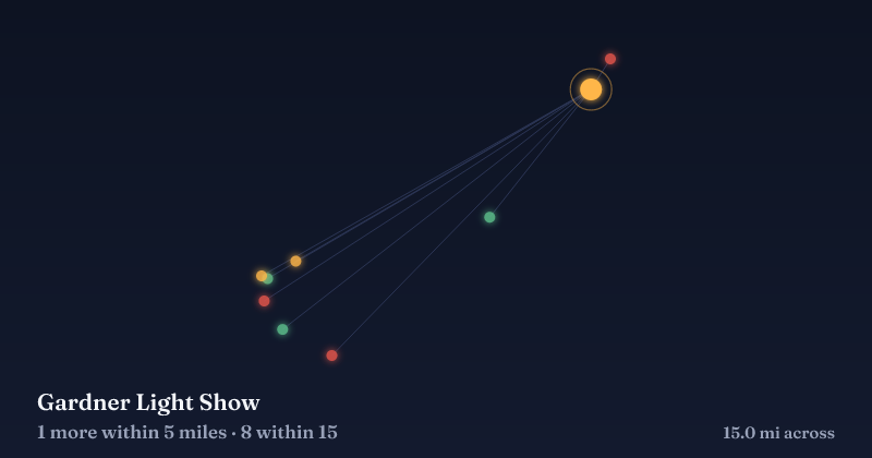 Map of Gardner Light Show and the 8 other Christmas light displays within 15 miles