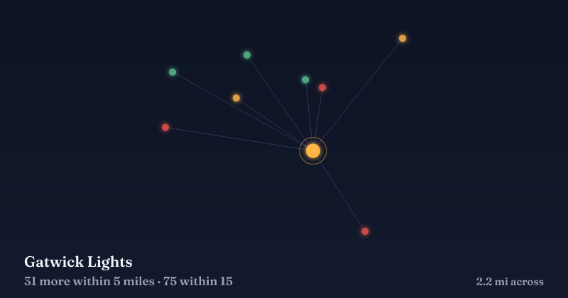 Map of Gatwick Lights and the 75 other Christmas light displays within 15 miles