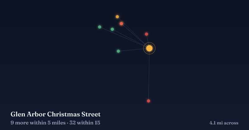 Map of Glen Arbor Christmas Street and the 32 other Christmas light displays within 15 miles