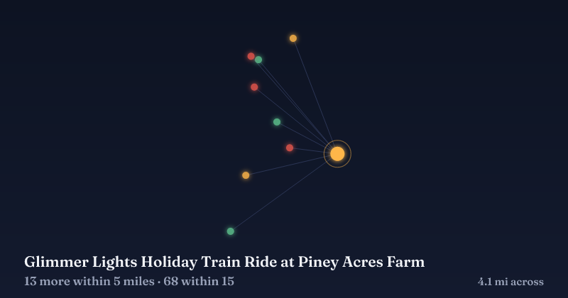 Map of Glimmer Lights Holiday Train Ride at Piney Acres Farm and the 68 other Christmas light displays within 15 miles