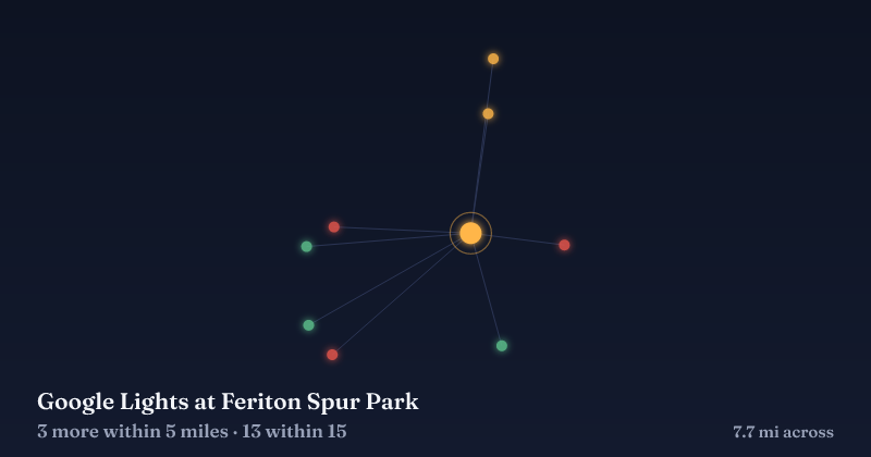 Map of Google Lights at Feriton Spur Park and the 13 other Christmas light displays within 15 miles