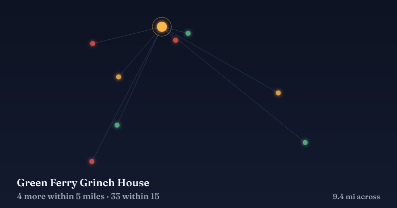 Map of Green Ferry Grinch House and the 33 other Christmas light displays within 15 miles
