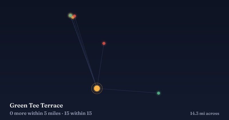 Map of Green Tee Terrace and the 15 other Christmas light displays within 15 miles
