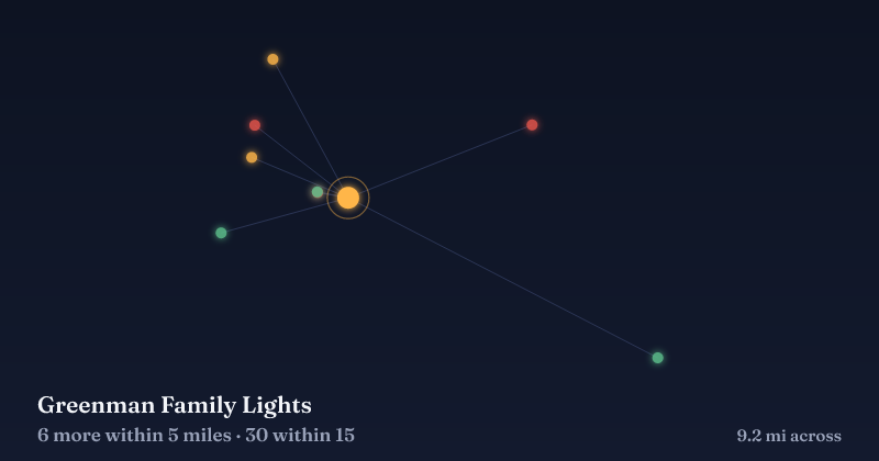Map of Greenman Family Lights and the 30 other Christmas light displays within 15 miles