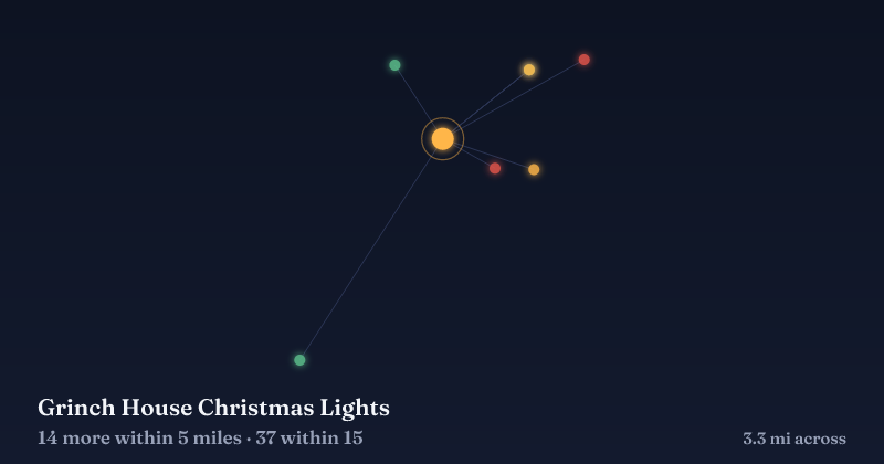 Map of Grinch House Christmas Lights and the 37 other Christmas light displays within 15 miles