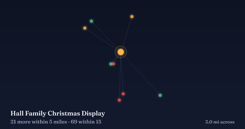 Map of Hall Family Christmas Display and the 69 other Christmas light displays within 15 miles