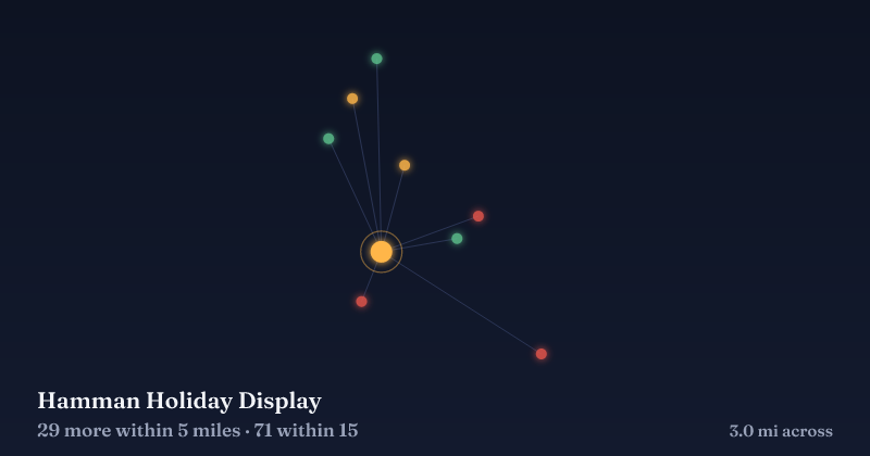 Map of Hamman Holiday Display and the 71 other Christmas light displays within 15 miles