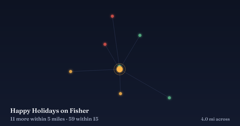 Map of Happy Holidays on Fisher and the 59 other Christmas light displays within 15 miles