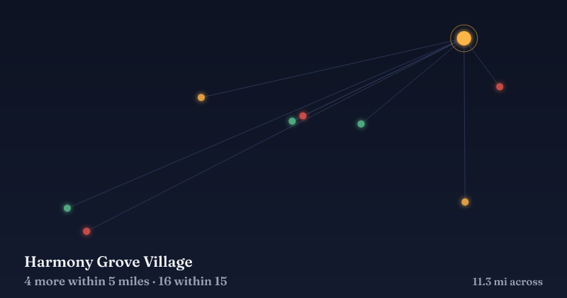 Map of Harmony Grove Village and the 16 other Christmas light displays within 15 miles