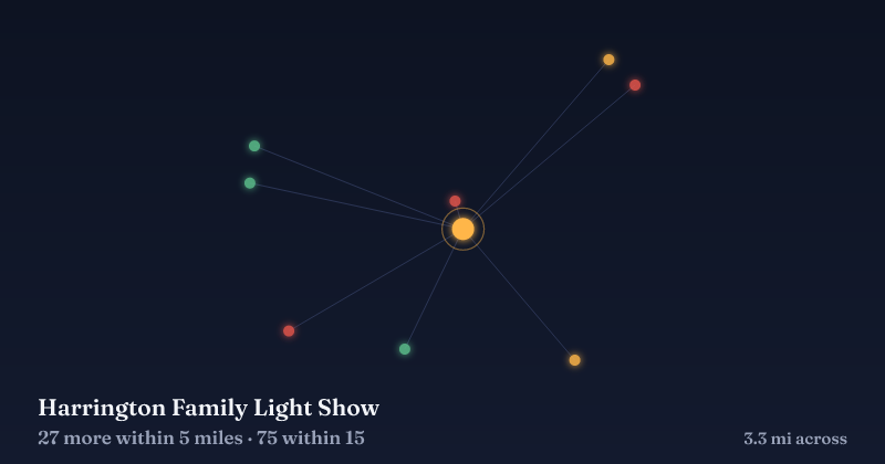 Map of Harrington Family Light Show and the 75 other Christmas light displays within 15 miles